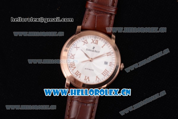 Audemars Piguet Jules Audemars Clone AP Calibre 3120 Automatic Rose Gold Case with White Dial Roman Numeral Markers and Brown Leather Strap (EF) - Click Image to Close